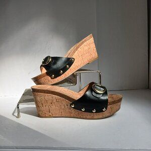 Tommy Hilfiger 'Honora' Cork Wedge Black Leather Gold Buckle Slide SandalsSz7.5